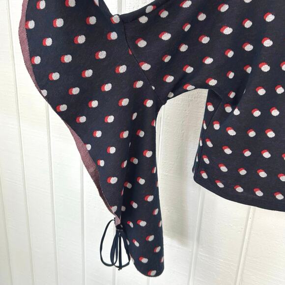 BCBG Women Cropped Flared Long Sleeve Knit Polka Dot Sweater Navy Blue Medium - Picture 2 of 7